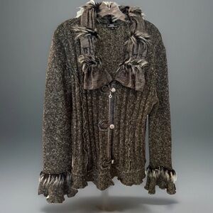 Lisa International Faux Fur Trim Wool Blend gray/Black cardigan Sweater Sz XL